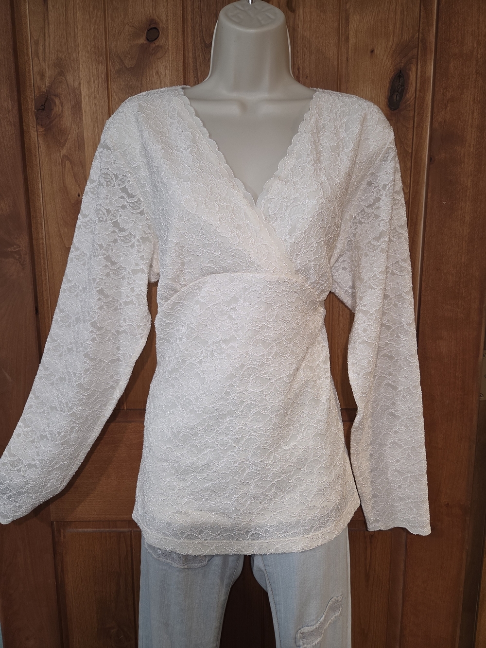 Coldwater Creek Ivory Lace Surplice Long Sleeve Blouse